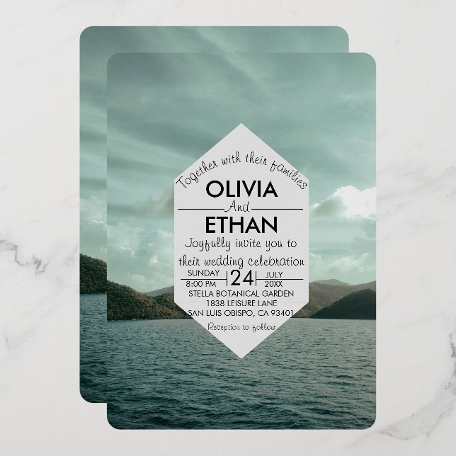 Plage marine bleu Mariage Foil Invitation (Recto/Verso)