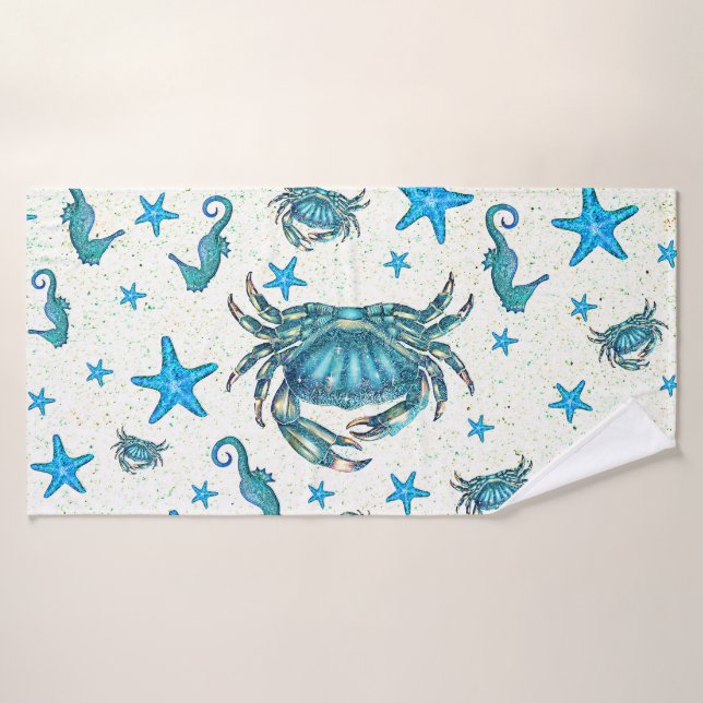 Plage moderne Crabe Bleu Starfish Horloge (Serviette de bain)