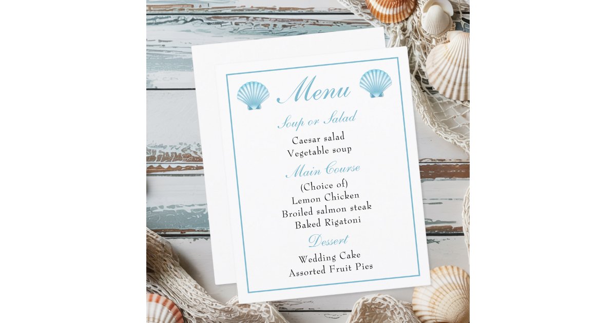 Plage Nautique Blue Seashell Menu Mariage | Zazzle.fr