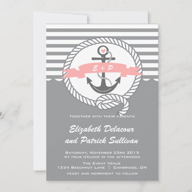 Plage nautique rose et gris Invitation de mariage (Devant)
