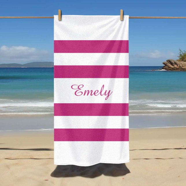 Plage Nom moderne Serviette de piscine rayée rose  (Créateur téléchargé)
