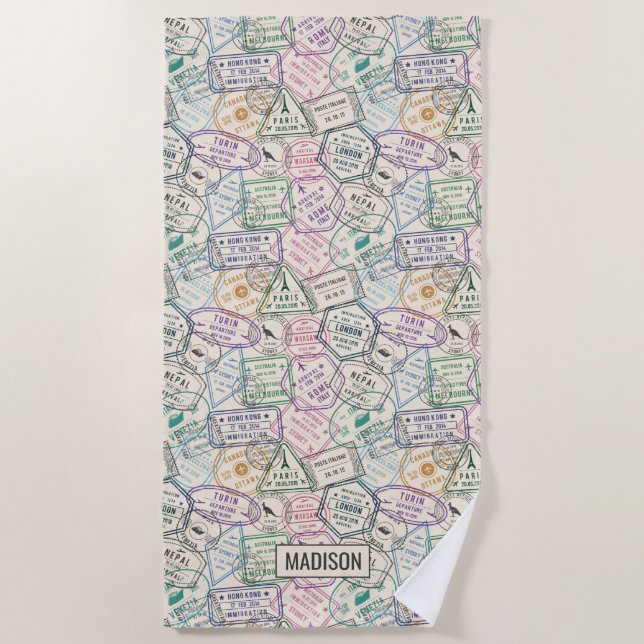 Plage Nom personnalisé Travel Timbres Motif serviette de (Devant)