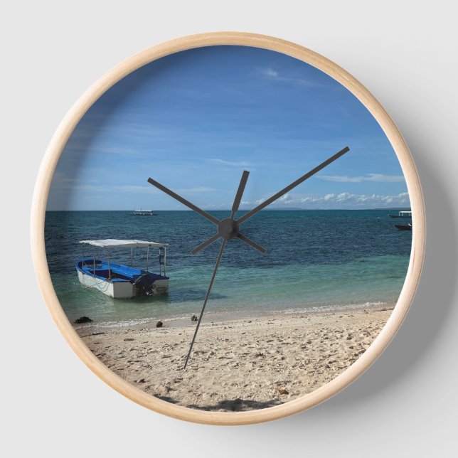 Plage Océan Bleu Tropical & Bateau : Horloge Mural (Recto)