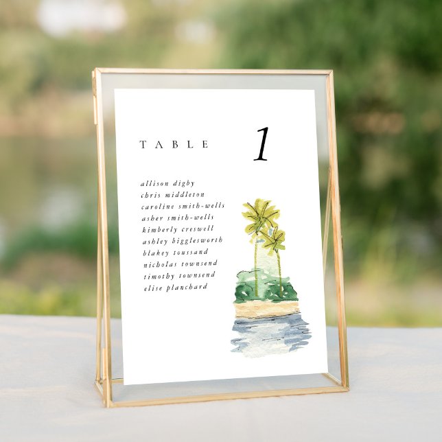 Plage Palm Trees 5x7" Mariage Carte de siège (Watercolor palm trees tropical beach wedding table number sign.)
