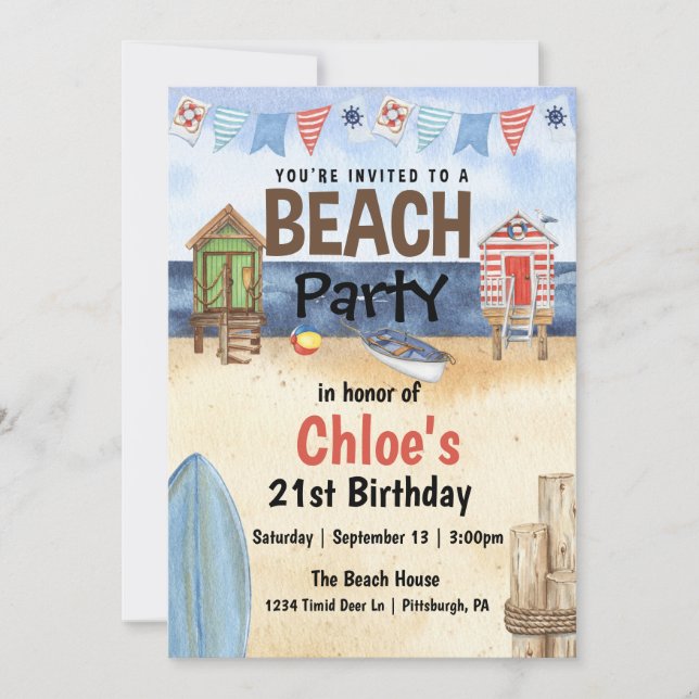 Plage Party aquarelle Invitation (Devant)