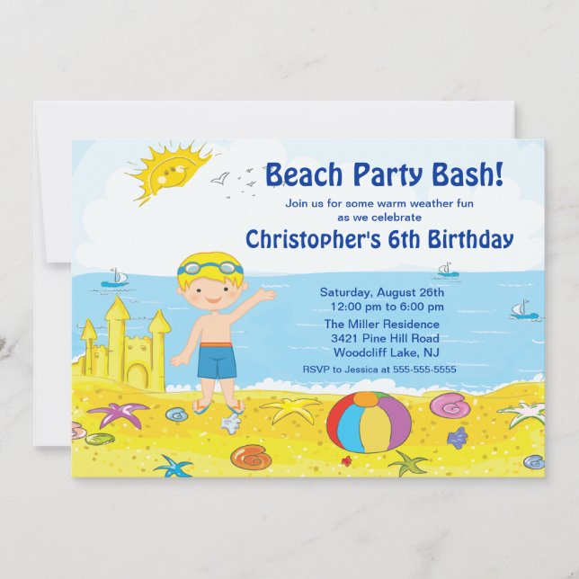 Plage Party Boy Swimming Birthday Invitation (Devant)