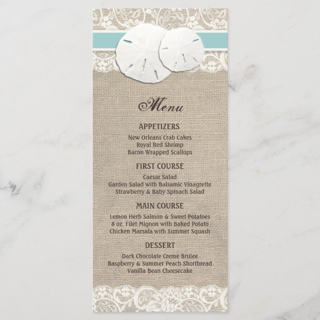 Plage Rustique Burlap Lace Carte menu - Turquoise (Devant)