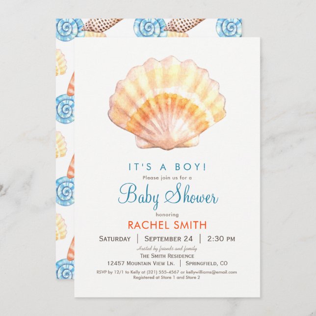 Plage Seashell Boy Baby shower Invitation (Devant / Derrière)