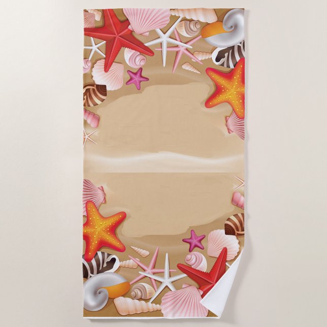 Plage Serviette de coquillages Starfish (A vibrant beach themed towel adorned with colorful starfish, shells, and sea creatures.)