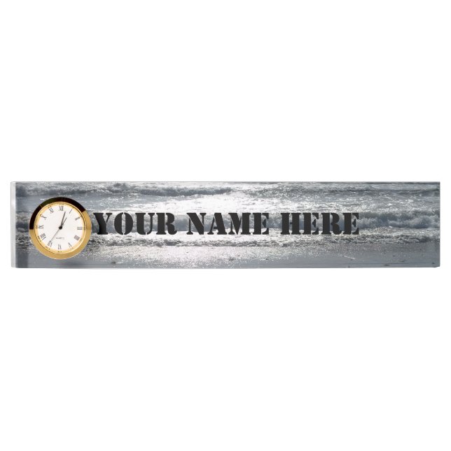 Plage Sunrise Desk Nom Plaque avec horloge (Devant)