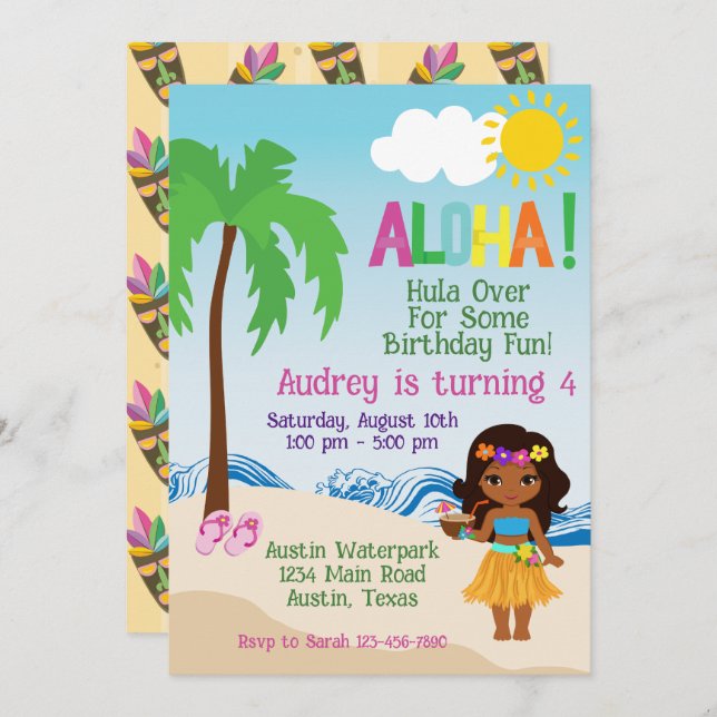 Plage tropicale Aloha Luau Invitation Anniversaire (Devant / Derrière)