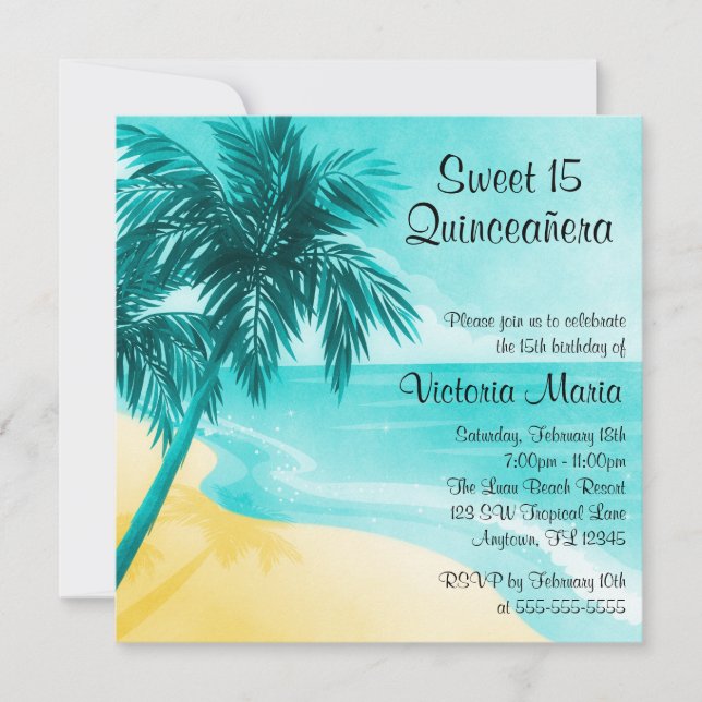 Plage tropicale Quinceanera Invitations d'annivers (Devant)