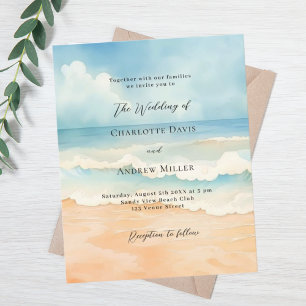 Plage vagues bleu beige faire-part de mariage