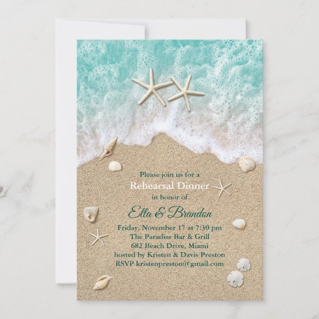 Plage Vagues et Starfish Rehearer Dîner Invitation (Devant)