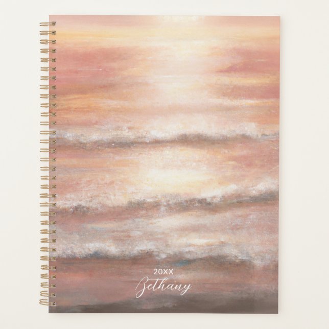 Plage Waves rose Peach Ocean Sunset Aquarelle (Devant)