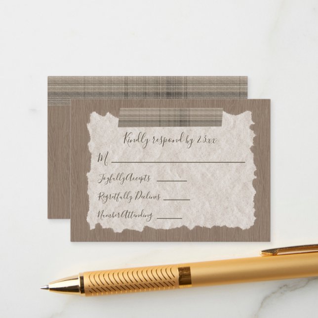 Plaid Beige, Carte RSVP en Bois Bar Mitzvah (Devant/Arrière en situation)