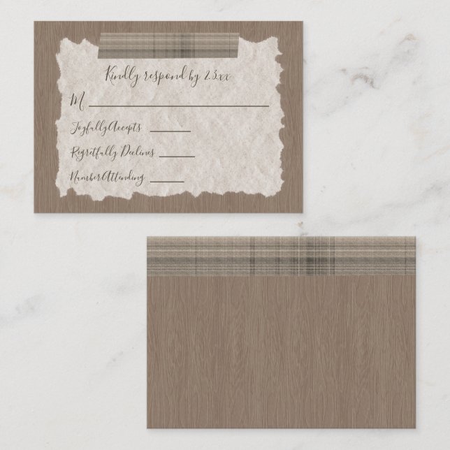 Plaid Beige, Carte RSVP en Bois Bar Mitzvah (Devant / Derrière)