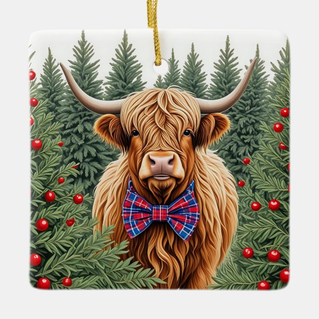 Plaid Bow Cravate Highland Cow Ornement de Noël -  (Devant)