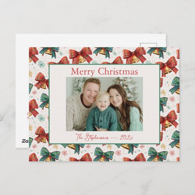Plaid Bows Bells Photo Christmas Carte postale (Devant / Derrière)