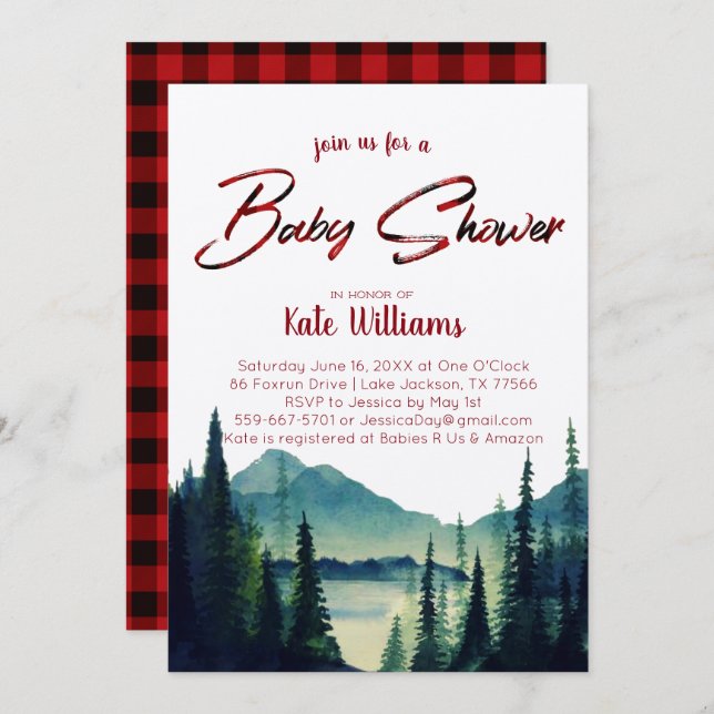 Plaid Buffalo | Invitation Baby shower de montagne (Devant / Derrière)