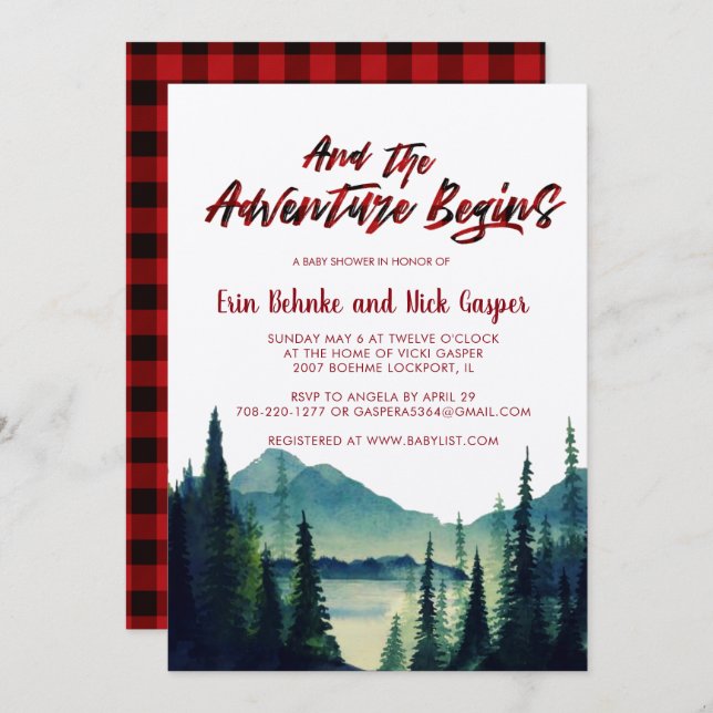Plaid Buffalo | Invitation Baby shower de montagne (Devant / Derrière)