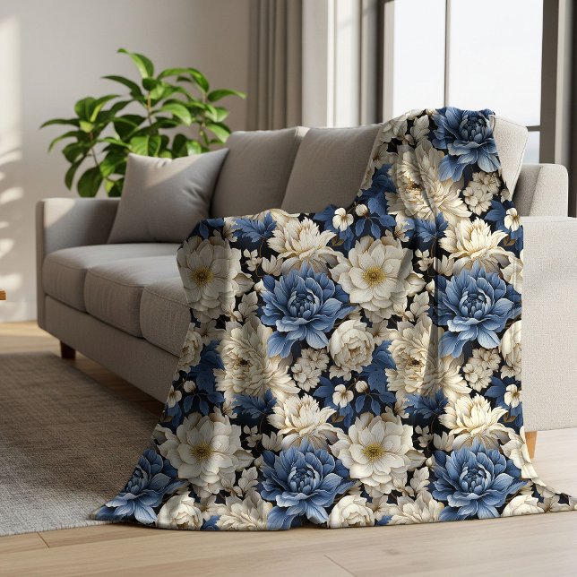 Plaid de jet bleu blanc ivoire fleuri Premium Cozy (Premium Blue White Ivory Floral Cozy Throw Blanket)