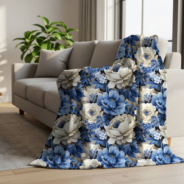 Plaid de jet moderne bleu blanc floral ivoire cosy (Modern Blue White Floral Ivory Cozy Throw Blanket)