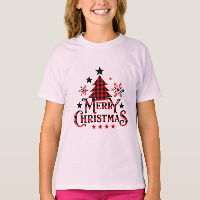 Plaid Merry Christmas Girls T-Shirt (Devant)