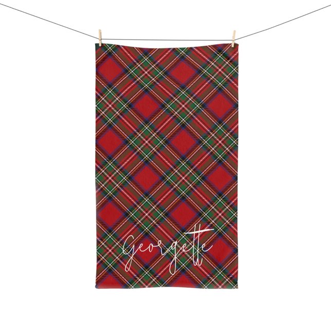 Plaid Personnalisé Rouge Vert Rustique Stewart Tar (Elegant Rustic Plaid Script Stewart Tartan Hand Towel)