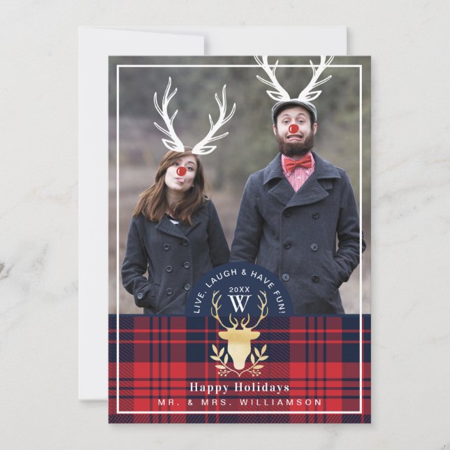 Plaid Red Nose Reindeer Carte photo de vacances Vi (Devant)