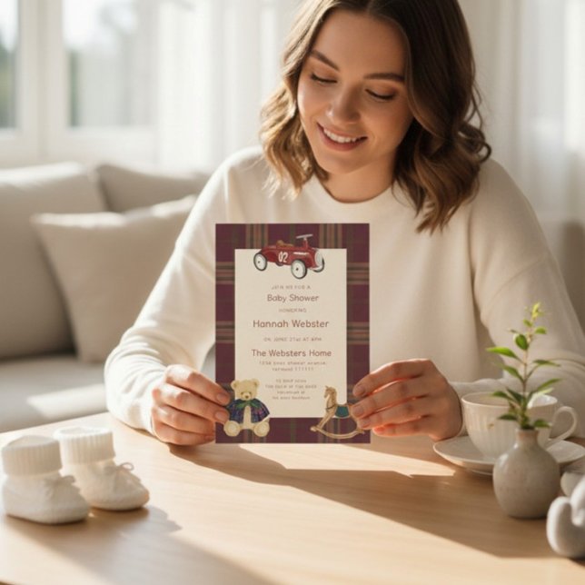 Plaid Teddy Bear Toy Car Baby Shower Invitation (Créateur téléchargé)
