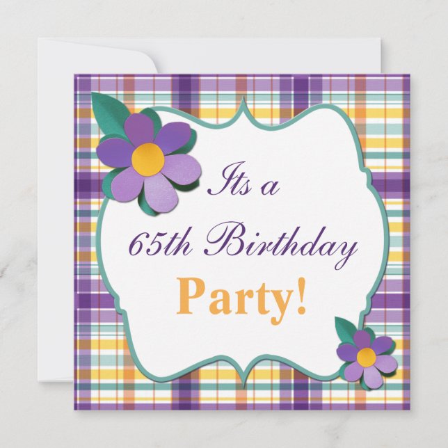 Plaid violet coloré 65e anniversaire Invitation (Devant)