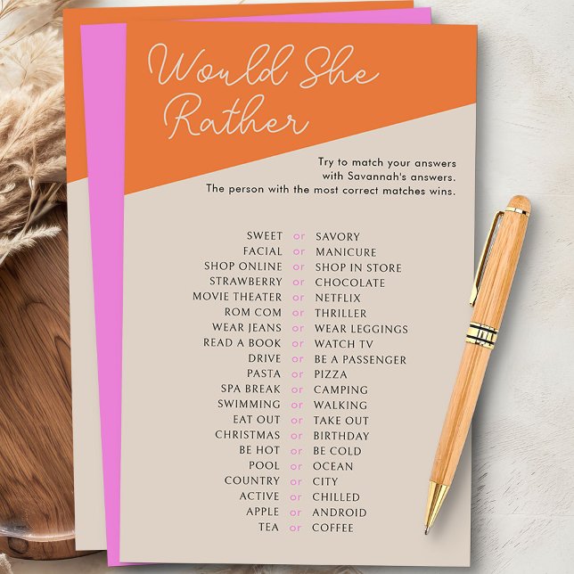 Plairait-Elle Pink Orange Tricolor Jeu De Douche (Would She Rather baby shower game from my Tricolor Baby Shower Collection)