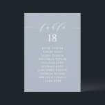 Plan de siège minimaliste bleu Numéro de table<br><div class="desc">Ajoutez une touche de charme à votre événement grâce à nos cartes de sièges personnalisables, conçues avec un magnifique script lunatique. Parfaites pour les mariages, les fêtes ou tout rassemblement spécial, ces cartes vous guideront avec style vers vos sièges. Customisez chaque carte bleue poussiéreuse avec le nom des invités et...</div>