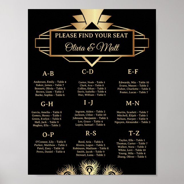  Plan de table alphabétique de mariage Art Déco  (Devant)