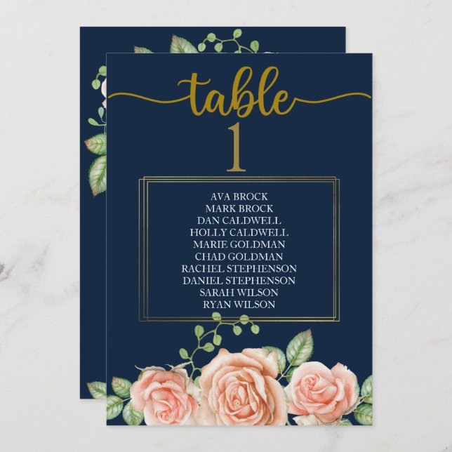 Plan de table carte table Navy Blue Gold Blush (Devant / Derrière)