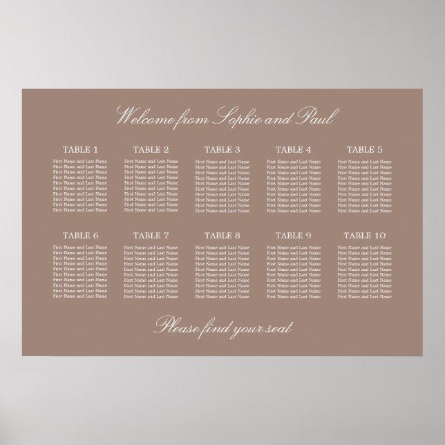 Plan de table de mariage affiche Taupe 10 (Devant)
