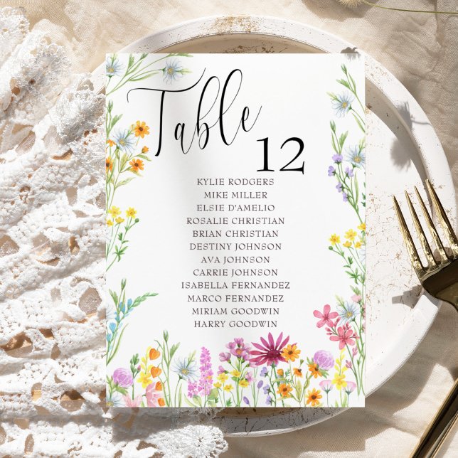 Plan de table de mariage aux fleurs sauvages pour  (Wildflower place card with table number and guest names)