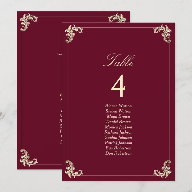 Plan de table de mariage baroque or et burgundy (Devant / Derrière)