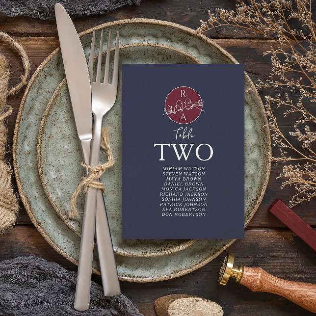 Plan de table de mariage en Bourgogne et bleu mari (Créateur téléchargé)