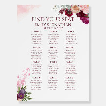 Plan de table de mariage floral bordeaux rose