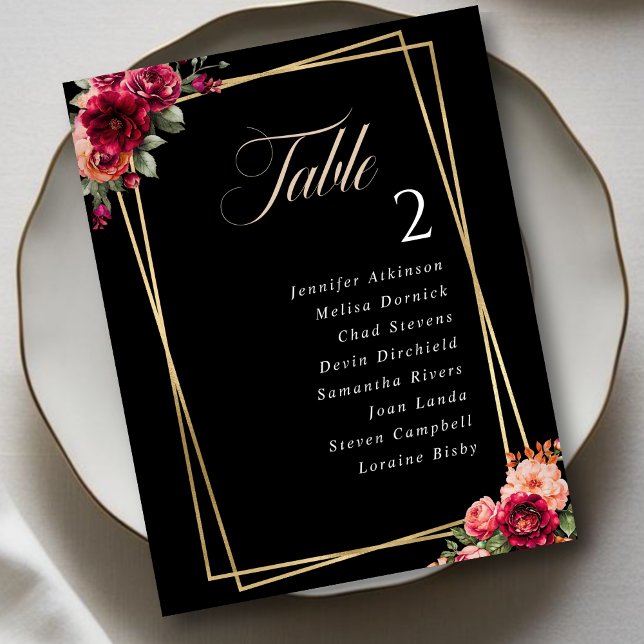 Plan de table de mariage floral chic rouge noir (Créateur téléchargé)