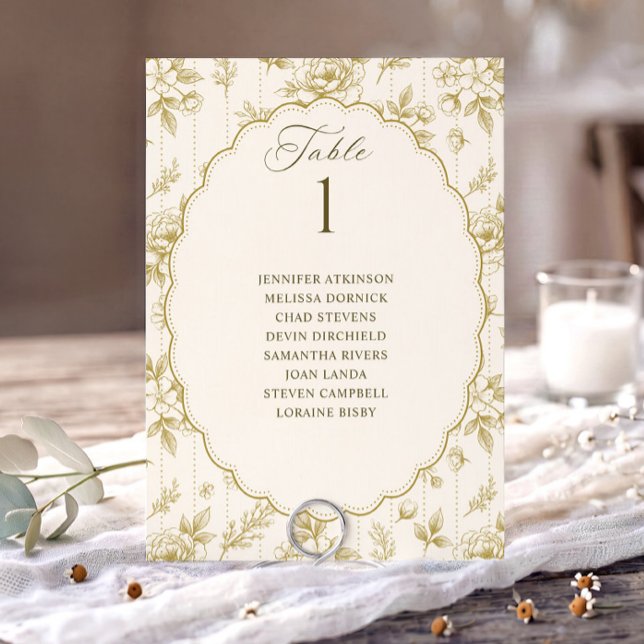 Plan de table de mariage floral doré et crème vint (Gold and ivory French floral seating chart card with oval scalloped frame.)