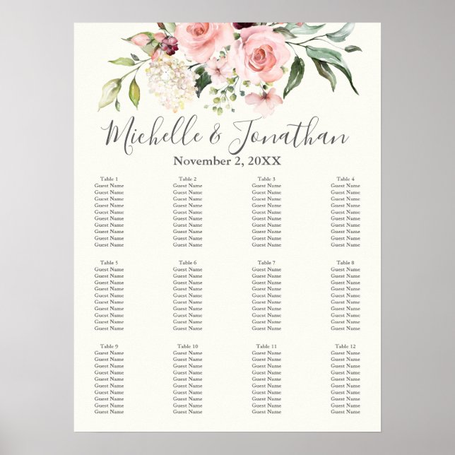 Plan de table de mariage floral rose – Tableau de  (Devant)