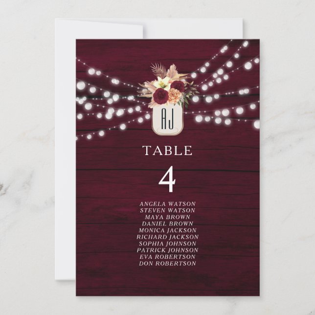 Plan de table de mariage rustique burgundy (Devant)