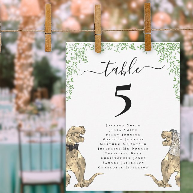 Plan de table de mariage sur le thème des dinosaur (Dinosaur wedding table chart Whimsical elegant script T-Rex bride & groom watercolor greenery)