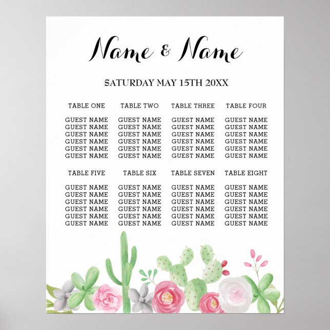 Plan de table Fiesta Poster Mariage 8 Cactus assis (Devant)