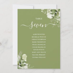 Plan de table floral vert mousse numéro de table