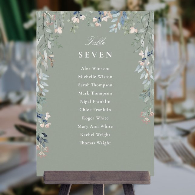 Plan de table floral vert sauge numéro de table (Sage Green Floral Seating Plan Table Number)