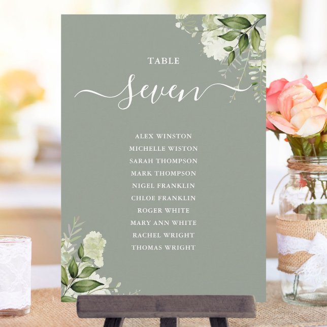 Plan de table floral vert sauge numéro de table (Sage Green Floral Seating Plan Table Number)
